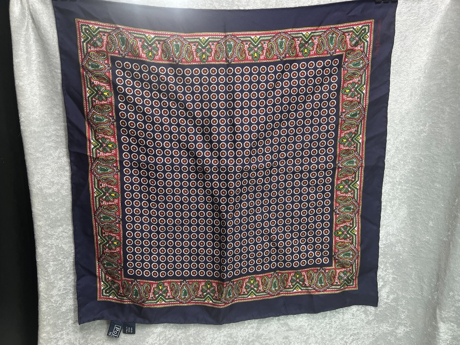 Vintage Polo Ralph Lauren Navy Blue Paisley Silk Pocket Square Scarf Italy 18.5”