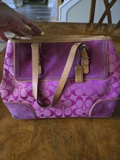 Coach Signature Pink Shoulder Bag Zip Closure Tan Strap Silver Hardware Studs