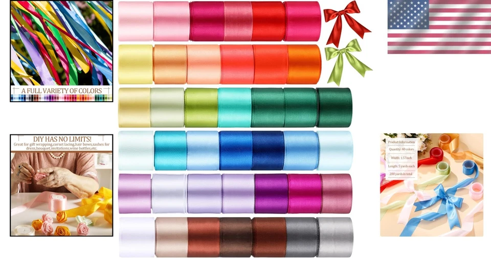 40 Rolls Colorful Satin Ribbons - DIY Crafts, Gift Wrapping - Image 2 of 4