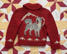 Vintage 50s 60s Kids Cowichan Sweater Cardigan Handmade Husky Wolf Motif