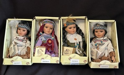 4 KINNEX Native American Indian Porcelain Dolls LITTLE CUBS 8  In Boxes Tags