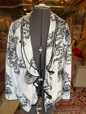 Chico's White / Black Paisley Ruffle Collar Linen Jacket - Size 1 8-10