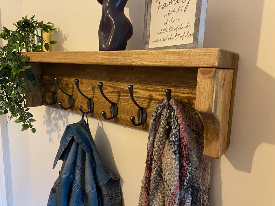 Wall Mounted Reclaimed Wooden Coat Rack with Cast Iron Coat Hooks and Shelf