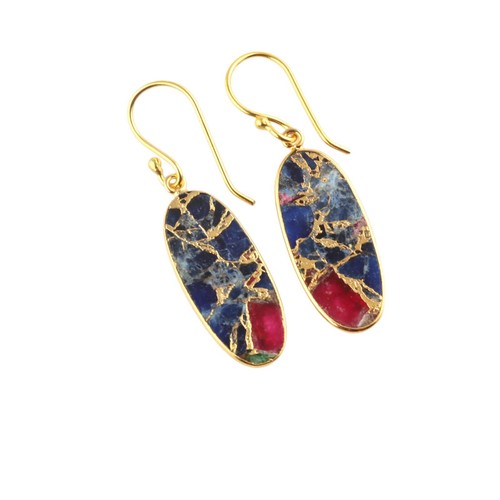 Copper Turquoise Earrings Unique Mix Jade Gold Plated Bezel Drop Dangle Earrings - Picture 2 of 41