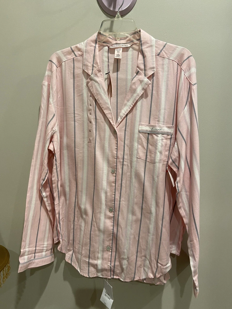 VS Button Up Pink Gray White stripe long sleeve PJ top sz Large
