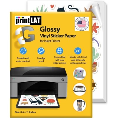 Glossy Printable Vinyl Sticker Paper for Inkjet Printer  25 Sheets 8.5''x11''
