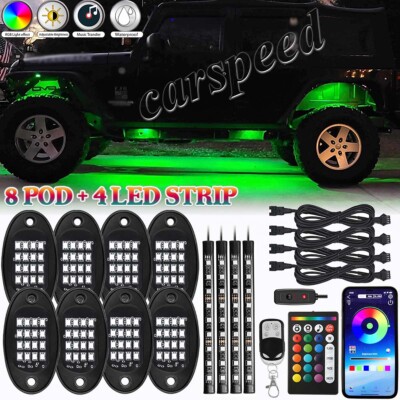 8 Pod RGB LED Rock Light Kit + 4 Strip Interior Neon With APP & Music Control