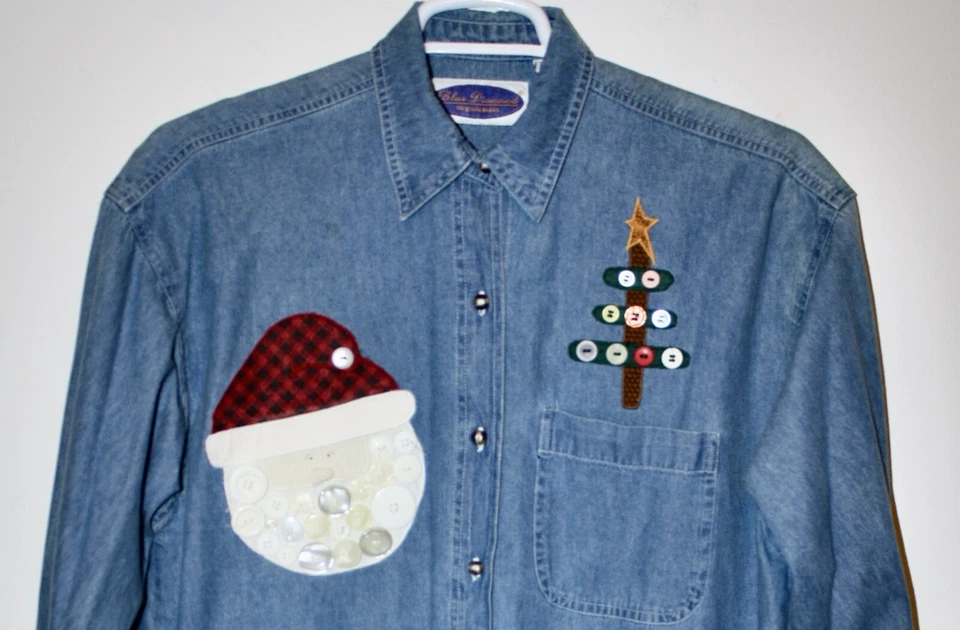 Blue Diamond M UGLY CHRISTMAS DENIM SHIRT Embroidered button X-mas Tree / Santa - Image 2 of 4