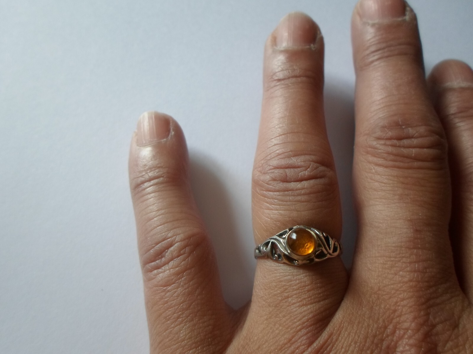 solid silver ring, openwork, honey amber pearl, s… - image 1