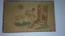antique leather postcard w/ saying " spring fever " and work tugging       9K