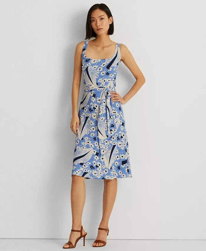 LAUREN Ralph Lauren Blue Floral Crepe Sleeveless Dress L87021 Size 18