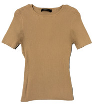 Tan Ribbed Knit Top Short Sleeve Crew Neck Fitted Basic Tee Womens Size Large