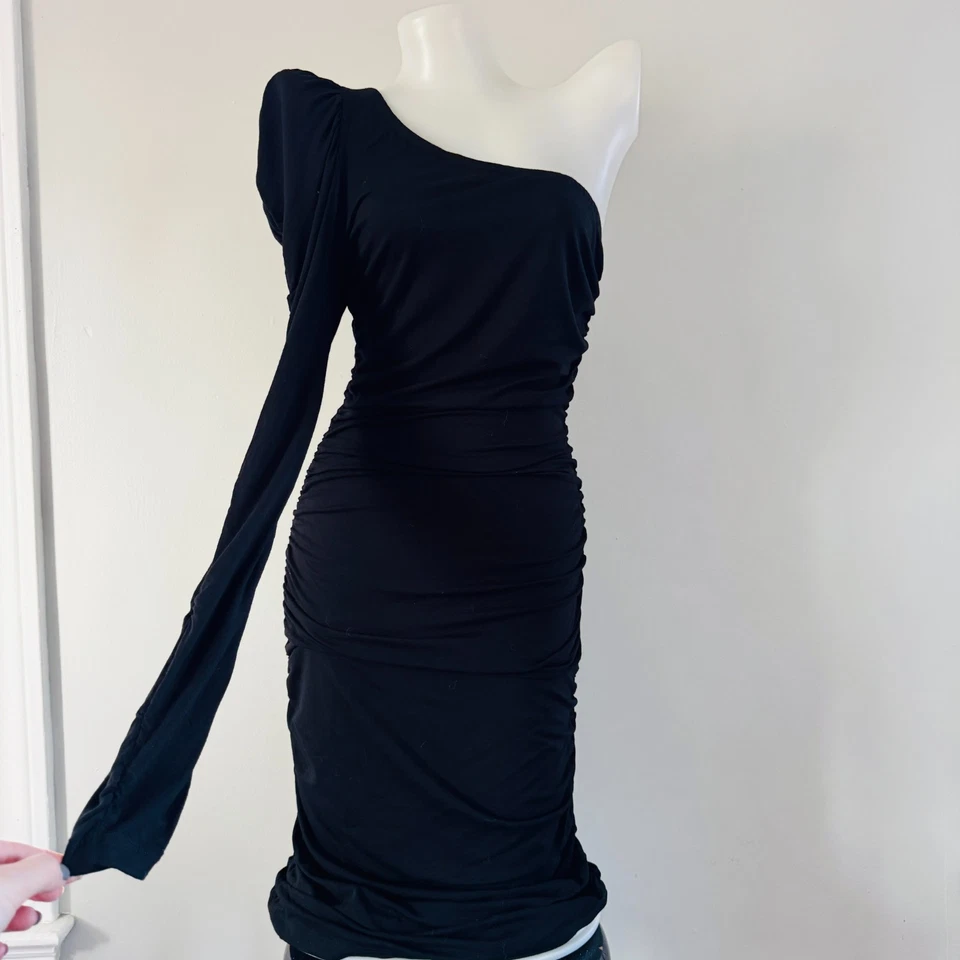 Vestido y2k De Colección BETSEY JOHNSON EE. UU. Negro Acanalado 1 Hombro Años 90 LBD S Foto 3 de 4