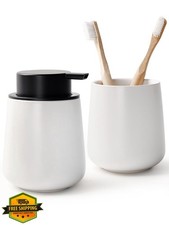 White Ceramic Soap Dispenser and Toothbrush Holder Set