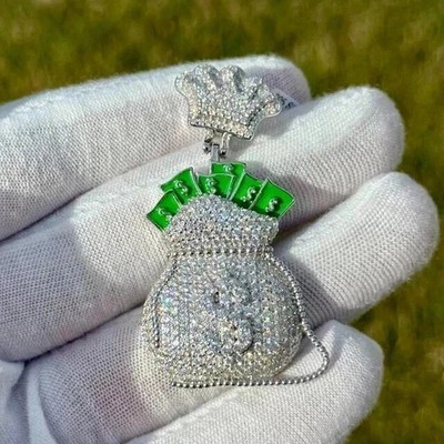 2.20Ct Round Cut Real Moissanite Custom Money Bag Pendant 14K White Gold Plated