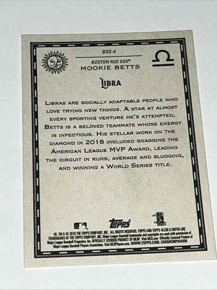 Mookie Betts 2019 Topps Allen & Ginter BASEBALL STAR SIGNS #BSS-4 - Red Sox - Image 2 of 2