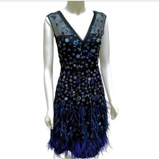 TAHARI Jayla Blue Silk Cocktail Dress Ebroidered Beaded Feather Fringe Bohemian