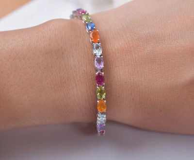 Multi Gemstone Bracelet Oval Cut 925 Silver Chain Birthstone Beautiful Gift Her