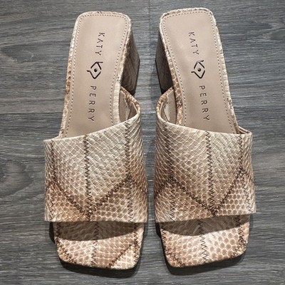 Katy Perry Size 5 Gemm Slide Sandals Tan Multi Snake Print Open Toe Block Heel