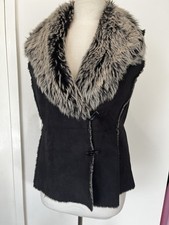 Marks & Spencer Black gilet faux sheepskin body grey faux fur collar V-neck 14