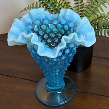 Fenton 7.5" Aqua Blue Opalescent Hobnail Trumpet Vase Vintage Art Glass