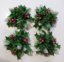 Vintage Christmas Plastic Holly Berry Pinecone Candle Ring Wreath Set of 4