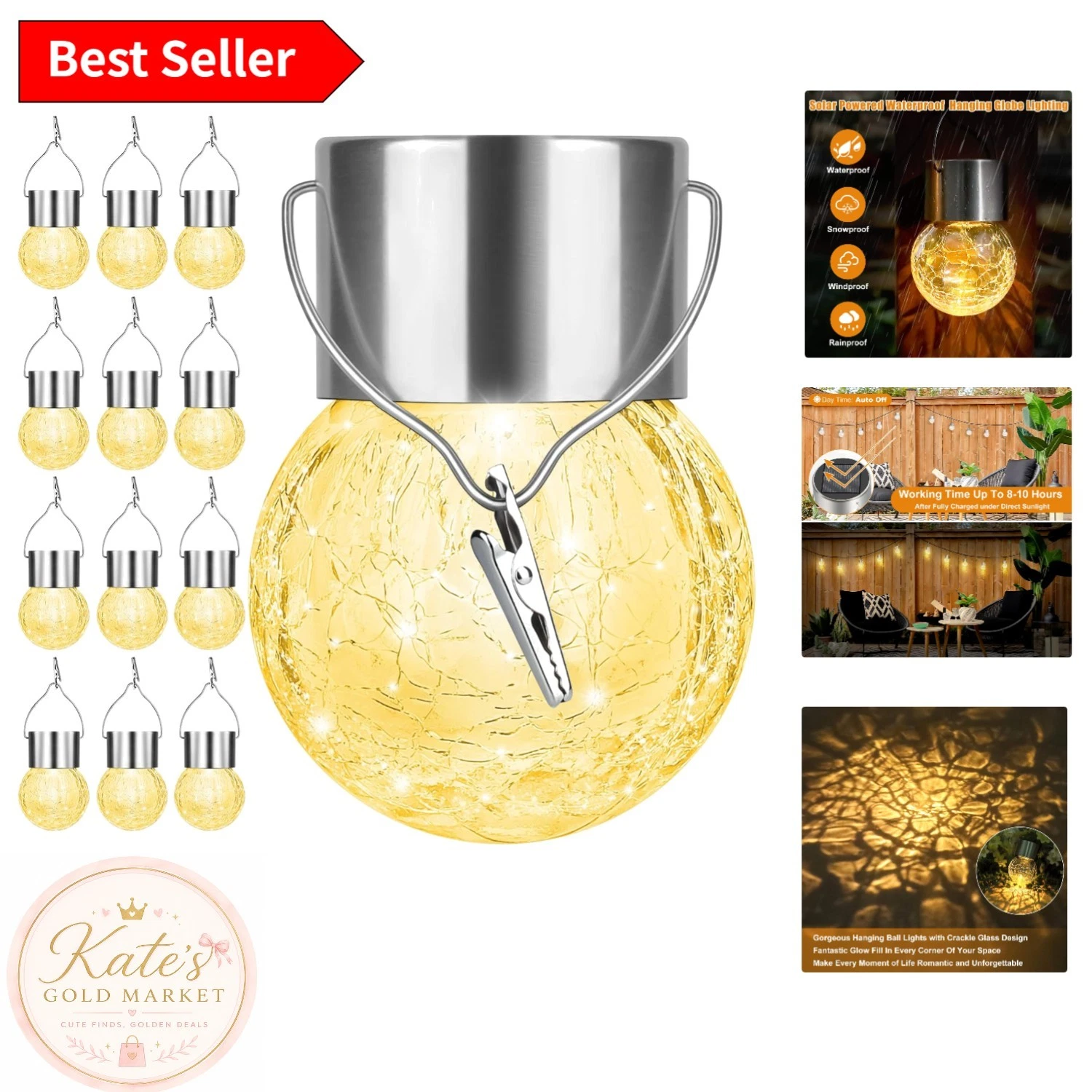 12 Cracked Glass Solar Lights - Eco-Friendly Hanging Decor for Garden and Patio