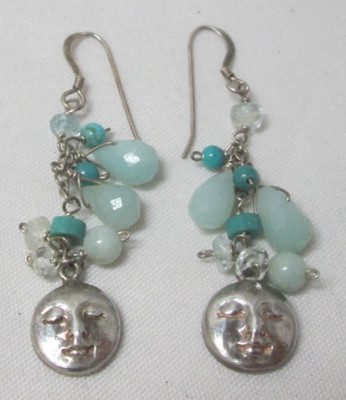 Sajen Sterling Moon Face Dangle Drop Earrings Lt. Blue Gems