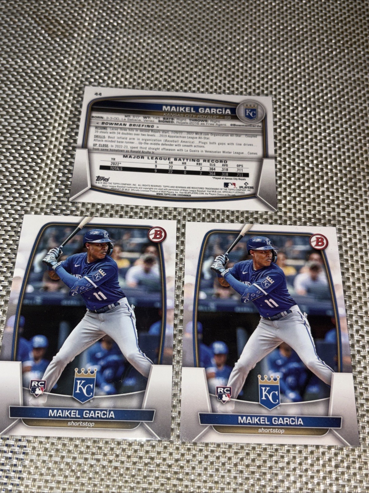 2023 Bowman 44 Maikel Garcia RC  Royals  Baseball Card Lot 3