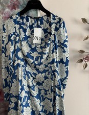 Zara - Women’s Blue & White Midi Satin Like Dress