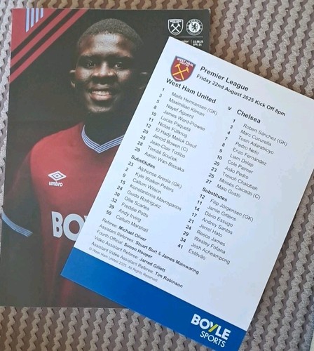 West Ham United v Chelsea Programme 22/8/25 & Official Team Sheet RRP £4