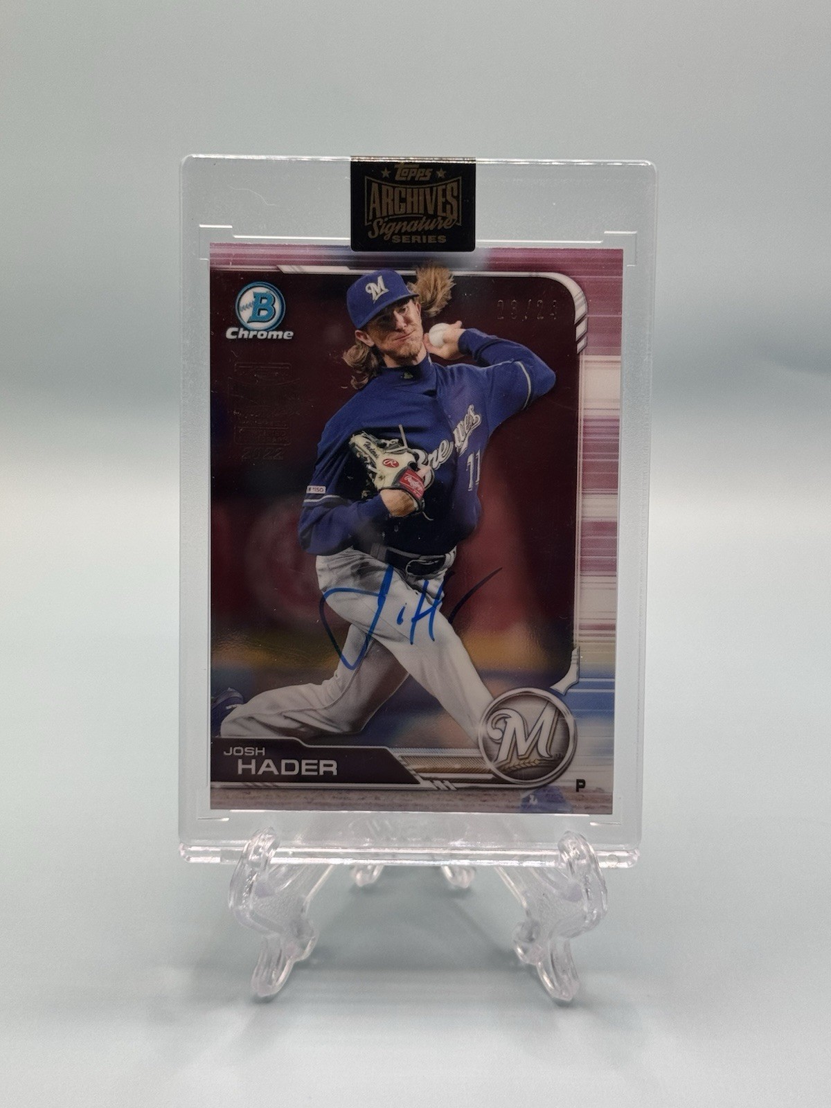 2022 Topps Archives Josh Hader 2019 Bowman Chrome RC Auto 23/24 On Card