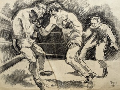 60er Jahre Original Französische Kohlezeichnung signiert von Pierre Neveu geb.1929 Boxszene