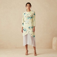 Evening Vintage Midi Dress Multi Floral Chiffon Shift Long Sleeve Pleated US 6