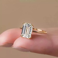 2CT Emerald-Cut VVS1 Moissanite Solitaire Engagement Ring 14K Yellow Gold Plated