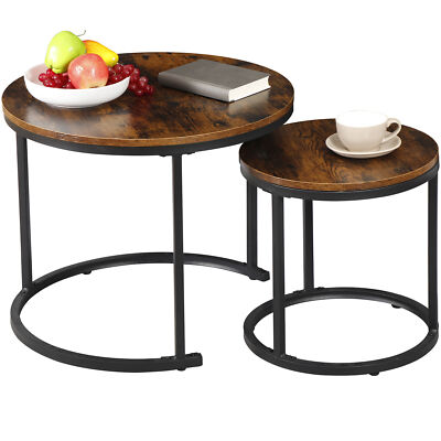 Set of 2 Nesting Coffee Table Round End Side Table for Small Spaces Rustic Brown