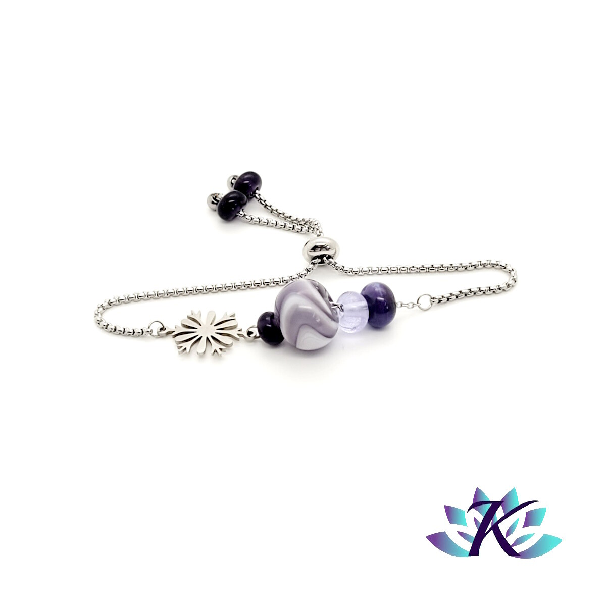 Bracelet en verre filé de Murano tons violets et blanc, cadeau idéal pour femme avec écrin