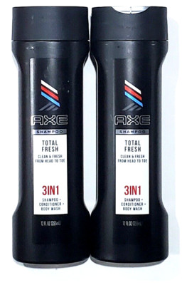 2 Bottle Axe Shampoo Total Fresh Clean & Fresh Head To Toe Conditioner Body Wash