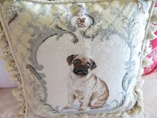 Vintage Aubusson style FRENCH COUNTRY Needlepoint Pillow Pug Dog & Scrolls