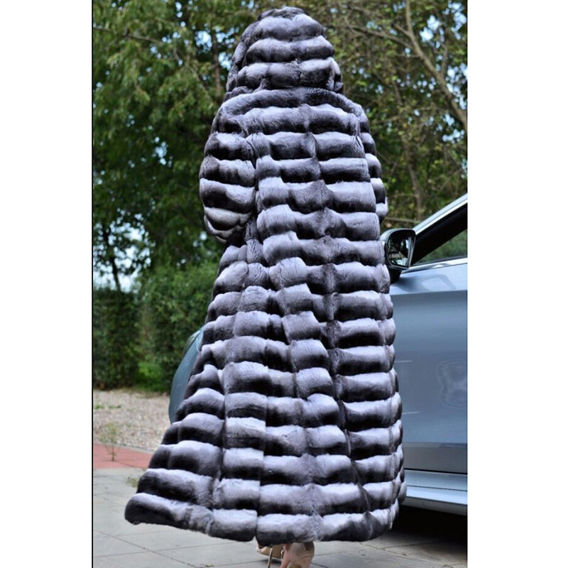 Women Chinchilla 130cm Long Warm Real Rex Rabbit Fur Coat Hooded