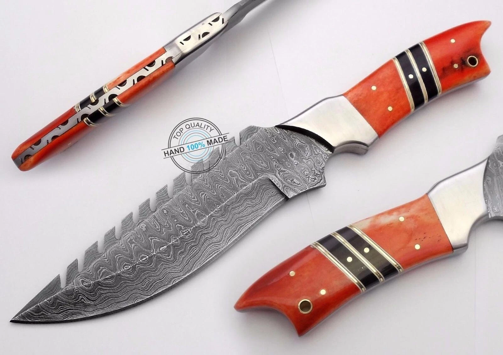 FIF CUSTOM HANDMADE DAMASCUS STEEL COLOR CAMEL BONE HUNTING KNIFE WITH SHEATH