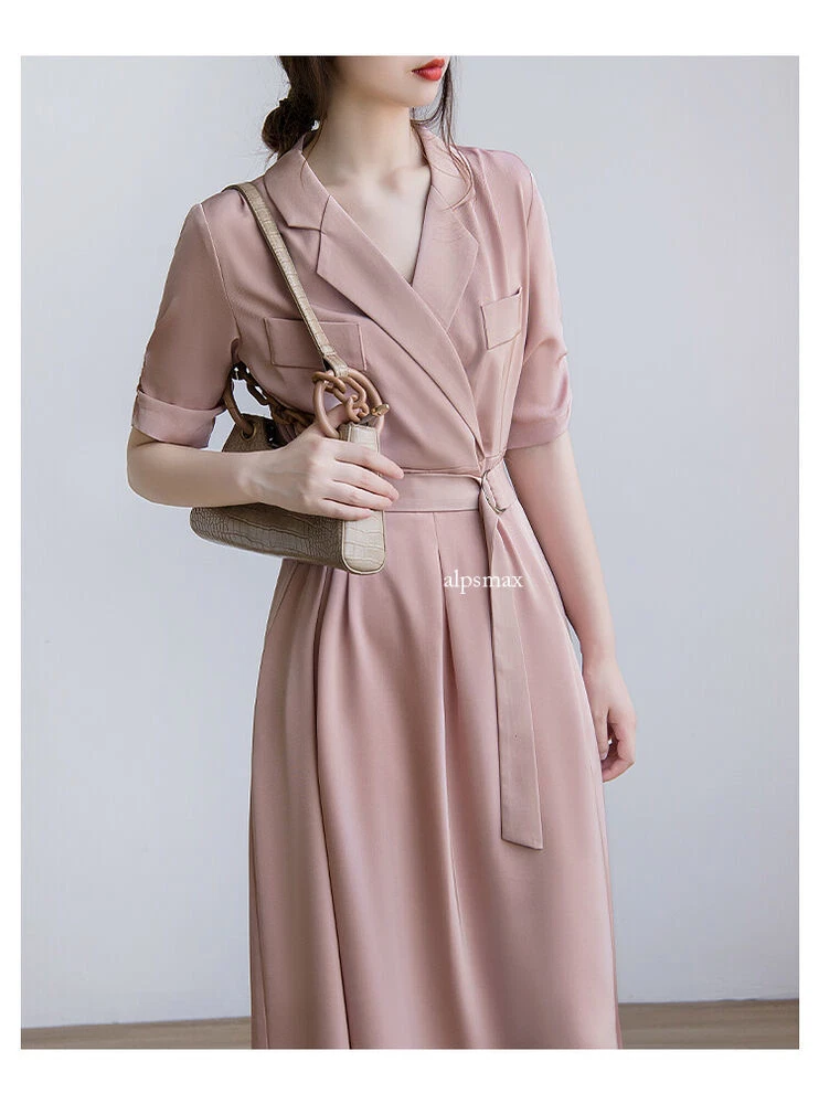 OFF WHITE Abito rosa completo colletto donna con cintura OL formale estivo linea A vita gonne lunghe