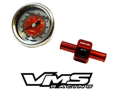0-100 PSI RACING FUEL PRESSURE GAUGE & 3/8" INLINE HOSE END TEE ADAPTER - RED