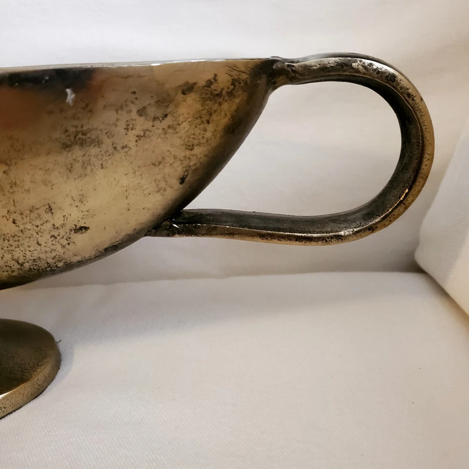 Heavy Silver Metal Oblong Pedestal Bowl With Handles- Handmade And Primitive - Image 3 of 4