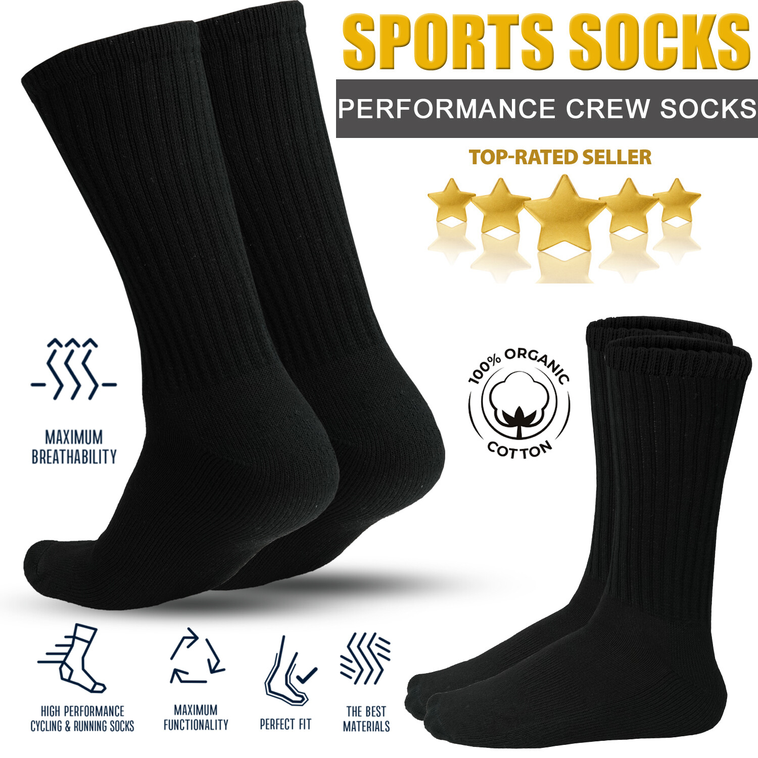 Sports Crew Socks Cotton Athletic Runner Trainer Men Women Uk 4-7 6-11 Black Set-image
