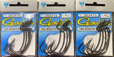 3 PACKS Gamakatsu Monster EWG Hooks 283415 5/0  15 Hooks Total Big Bass Big Hook