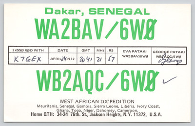 Postcard QSL WA2BAV 6W0 Dakar Senegal West Africa DXpedition Pataki 1972