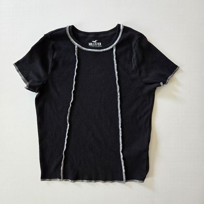 Hollister Ribbed Baby Tee Black with White Trim Women's Size Large