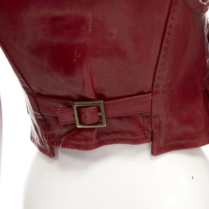 DSQUARED2 Y2K distressed red leather hook bar cropped vest S - Image 2 of 4