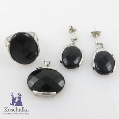 Designer Onyx Ring, Anhänger und Ohrringe aus 925er Silber, rhodiniert (E3347)